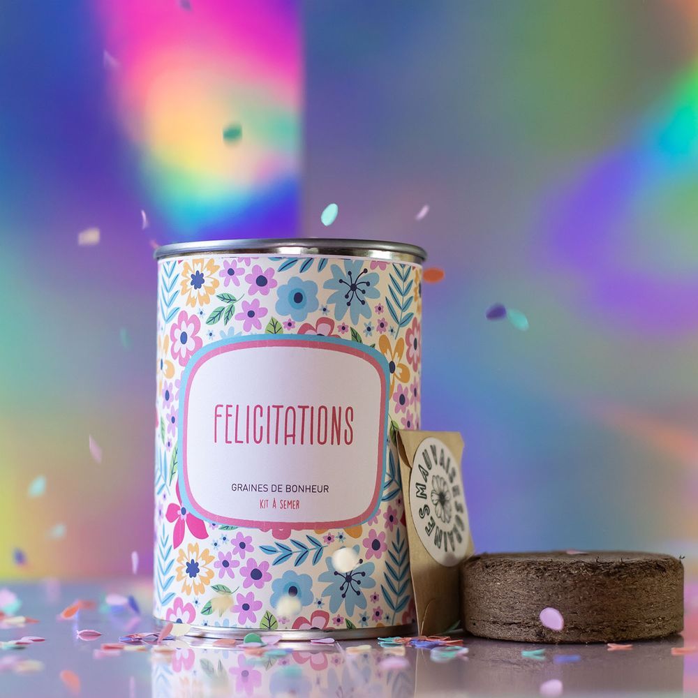 Mauvaises Graines - Kit de Plantes à Semer en Boîte - Cadeau d&#39;anniversaire Cadeau Original Amis Famille Fêtes - Ultra Simple à Utiliser - 100% Fabriqué en France &quot;Félicitations&quot;