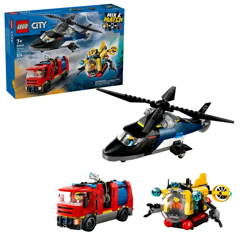 Lego City Hélicoptère, camion de pompiers et sous-marin modulable