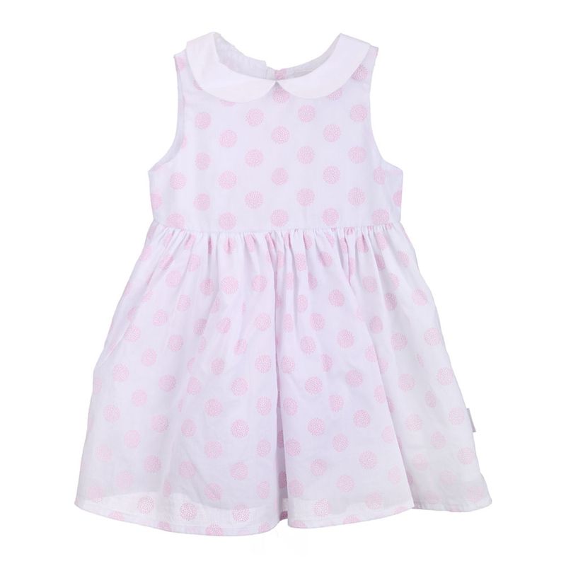 Robe blanche en coton  à pois rose pâle en popeline et col charlotte avec jupon intégré