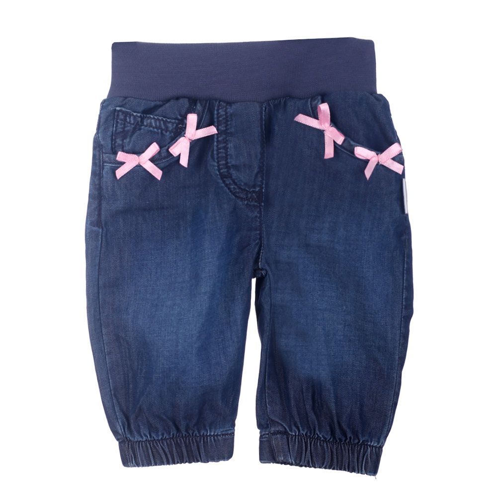 Pantalon jeans en coton avec petits noeuds roses, taille élastique