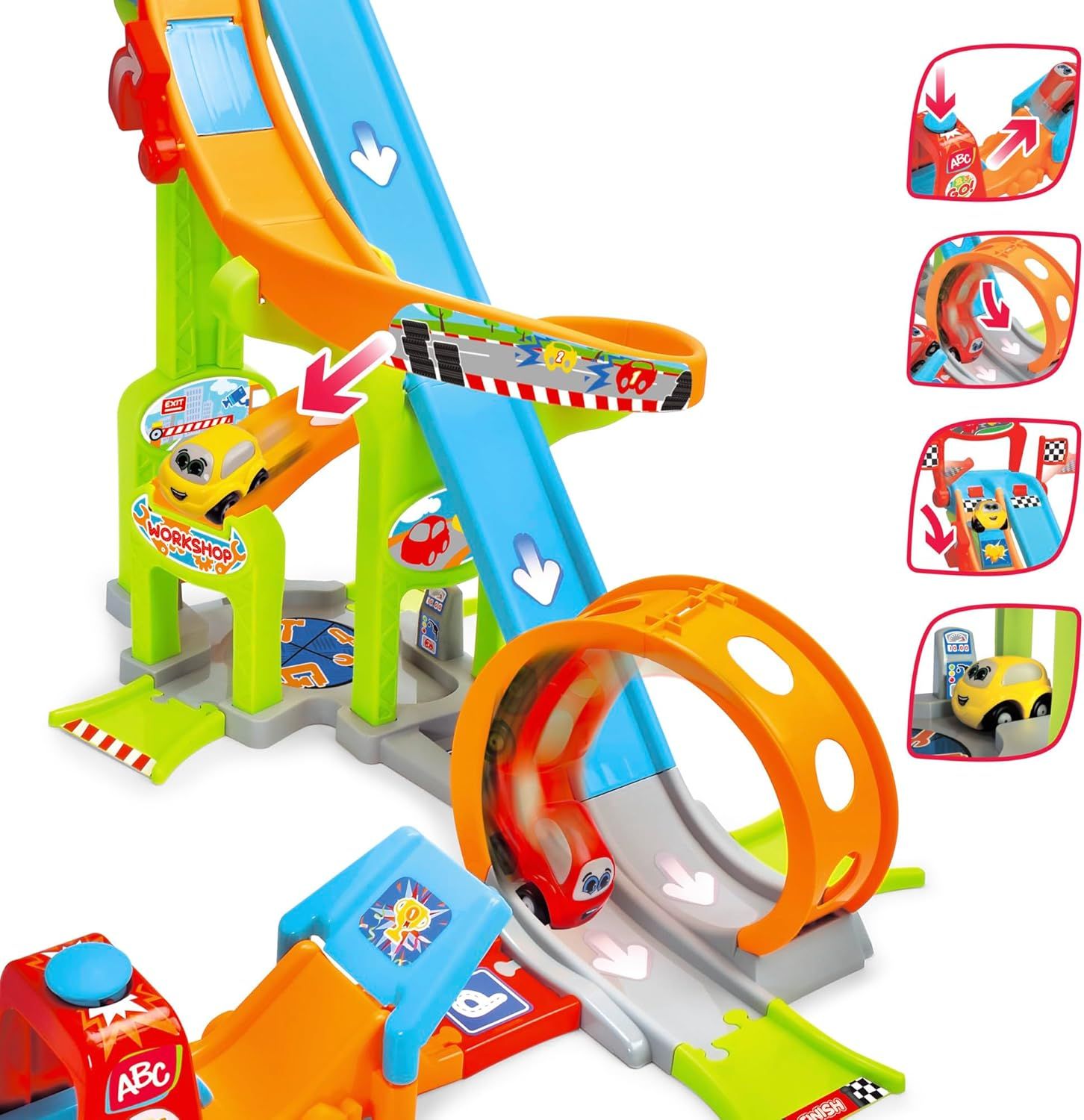 Dickie Toys ABC Jays Jump N Fun Tower (66 x 72 x 64 cm)Tour  Circuit de Course avec looping à partir de 1 an avec Boucle, charpente et 2 Voitures Jouet