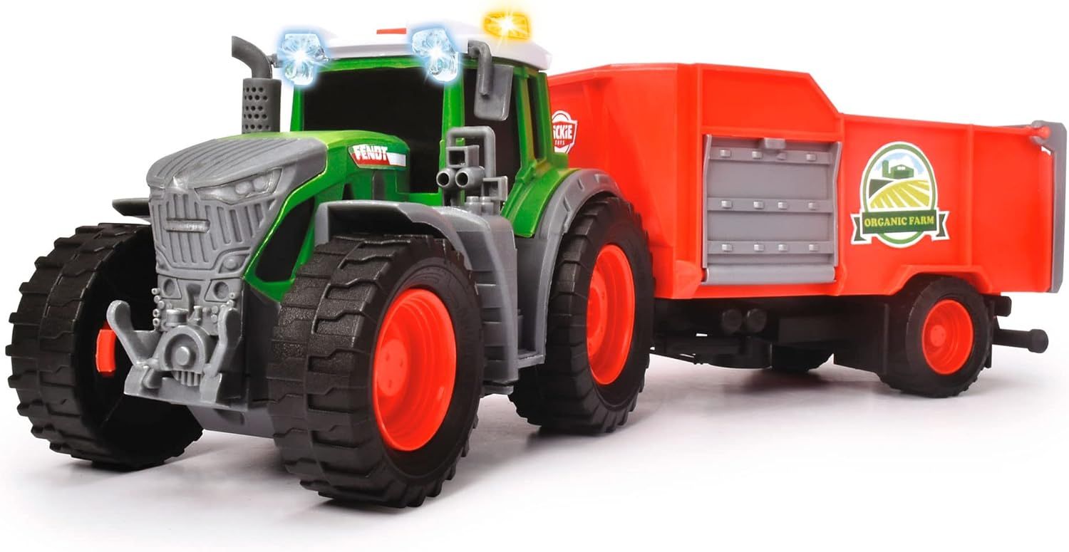 Dickie Toys Tracteur Fendt avec remorque (26 cm) - Jouet Tracteur pour Enfants à partir de 3 Ans avec mécanisme à Roue Libre, lumière, Son et Autres Fonctions, avec balles de Foin