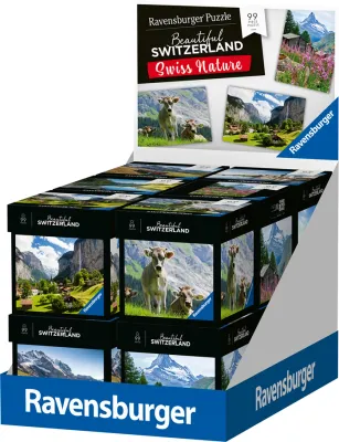 Ravensburger puzzle 99 pièces dans une petite boite sur le thème Suisse nature avec 6 différents sujets