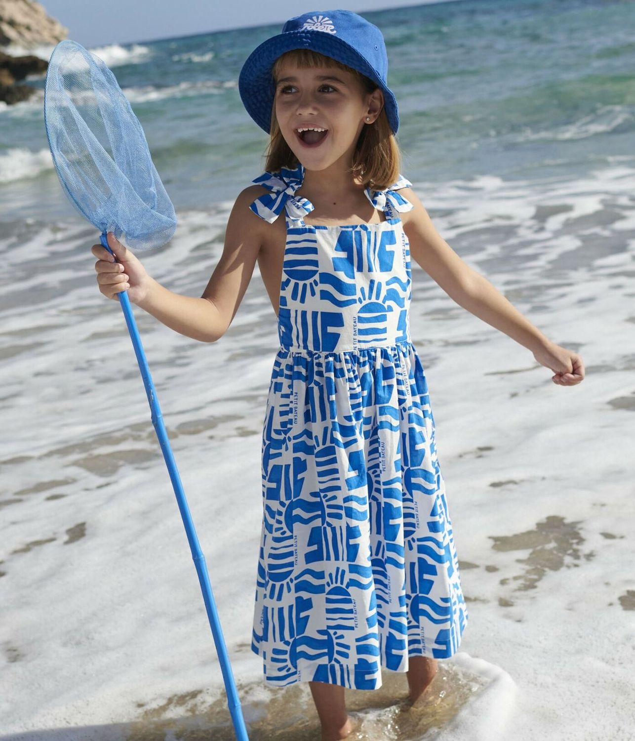 Petit Bateau Robe longue à bretelles enfant en coton imprimée bleue