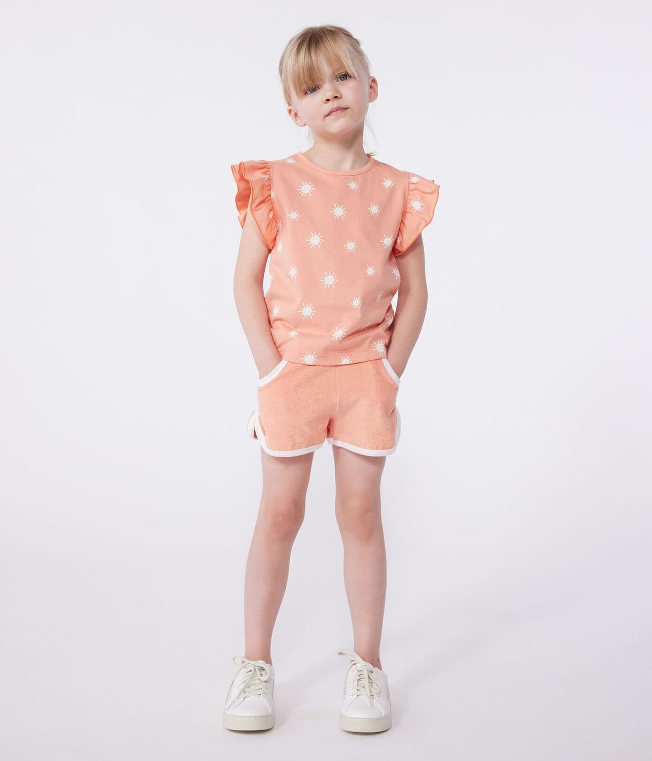 Petit Bateau T-shirt enfant en coton manches courtes imprimé  soleil couleur abricot
