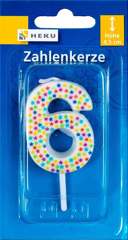 Bougie d'anniversaire avec des étoiles multicolores et pic, Numéro 6, 7 cm, pour gâteaux