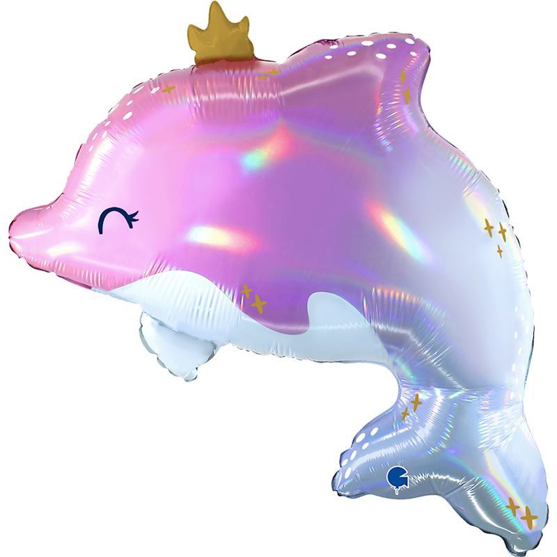 Ballon alu. dauphin avec une couronne, dimension 62x57 cm, gonflable à l&#39;hélium ou l&#39;air, pour anniversaire