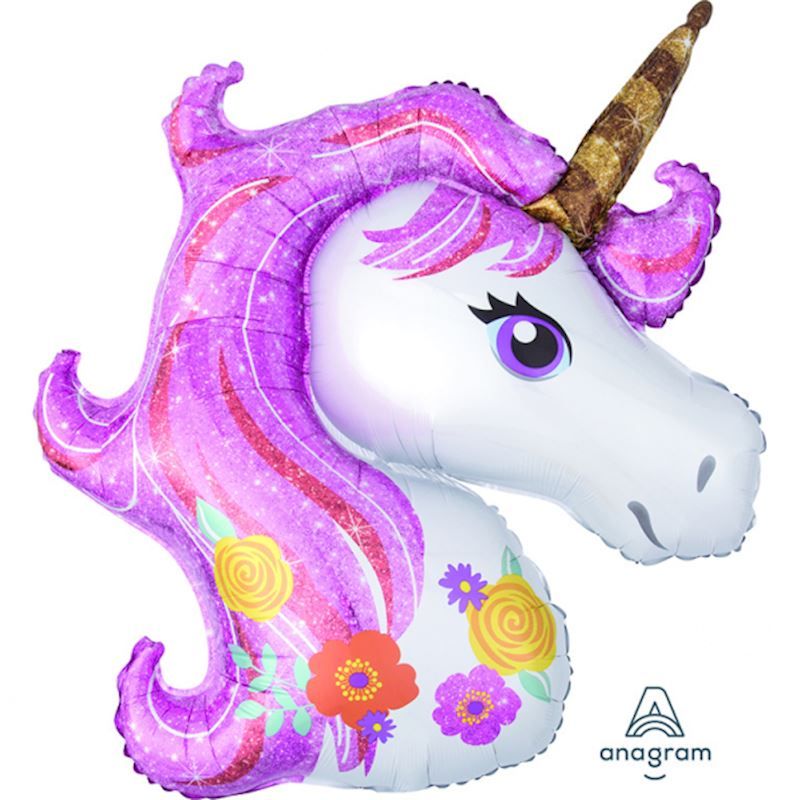 Ballon alu Licorne rose, dimension 83x73 cm, gonflable à l'hélium ou à l'air, pour anniversaire