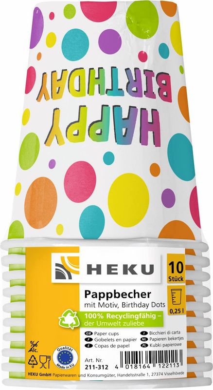 Gobelets Happy Birthday 10 pièces, 0.25 l avec des ballons multicolores, pour anniversaire