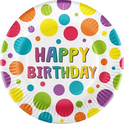 Assiettes Happy Birthday 10 pièces avec enduction bio 23 cm, avec des ballons multicolores, pour anniversaire