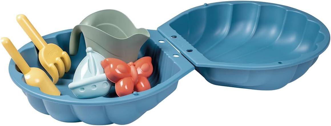 Smoby Life - Mini Bac à Sable Double Garni - en Forme de Coquillage - Pelle, Râteau, Moule à Sable, Arrosoir - Matière Recyclée - A Partir de 18 Mois
