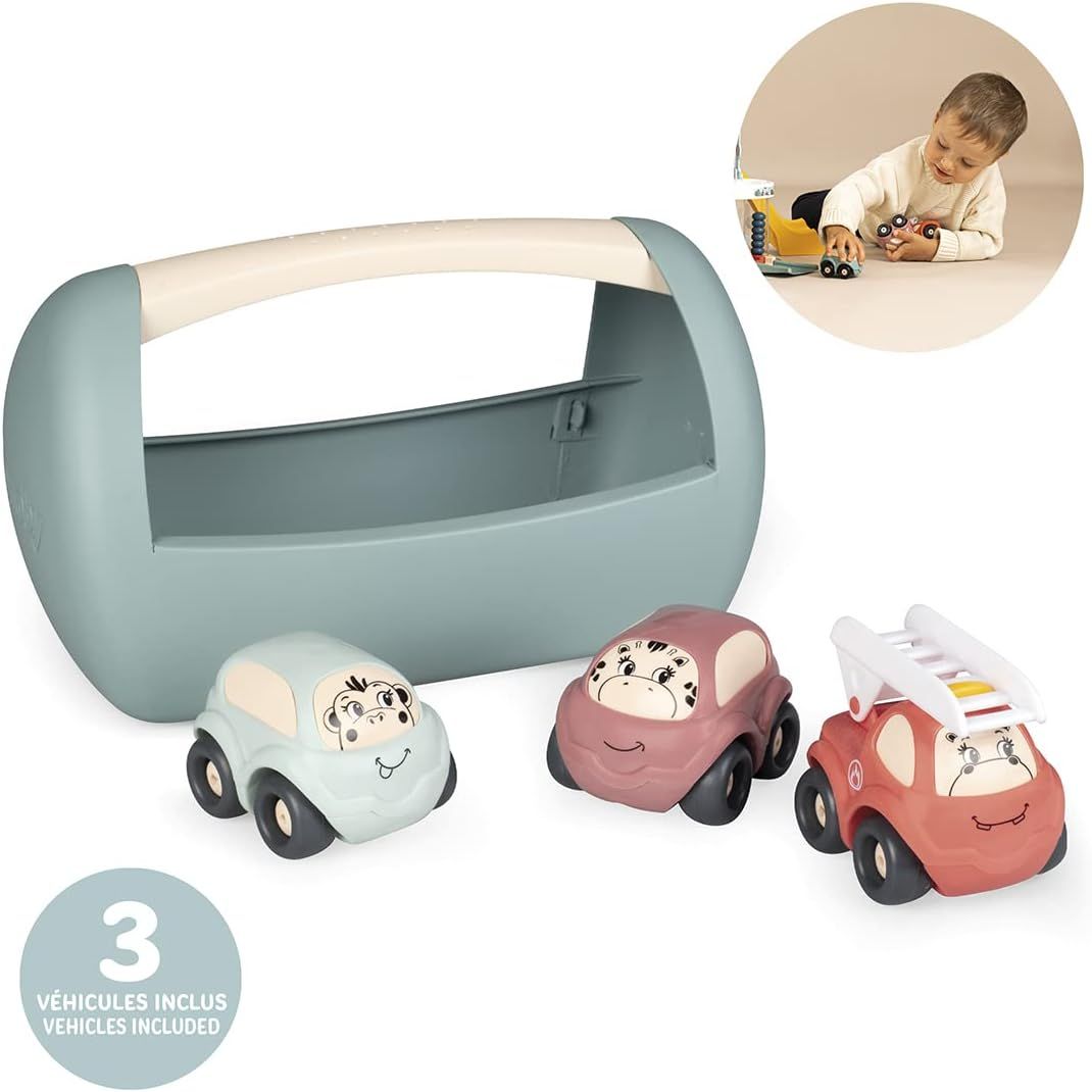 Smoby Little Set 3 Véhicules - Premier Âge - 2 Voitures et 1 Camion de Pompier - Boîte de Transport - A Partir de 12 Mois