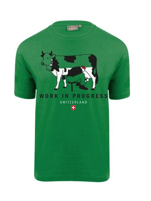 Swiss Vision T-shirt Suisse, Work in Progress, avec vache et agriculteur