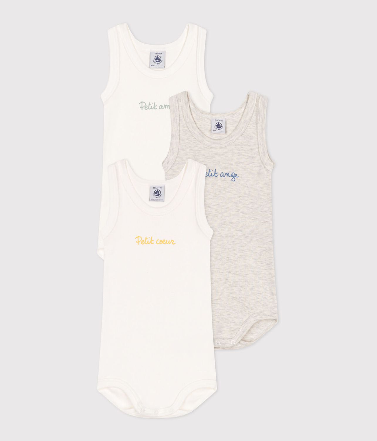 Petit Bateau Lot de 3 bodies (bodys) sans manches en coton uni bébé