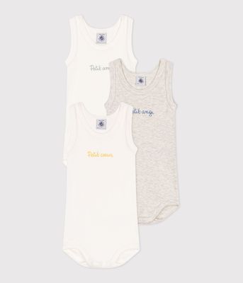 Petit Bateau Lot de 3 bodies (bodys) sans manches en coton uni bébé