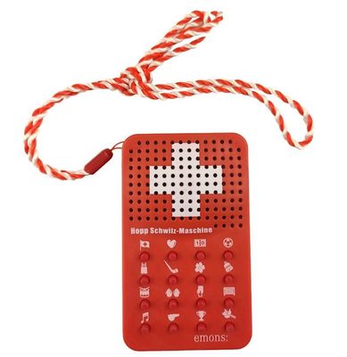 Hopp Suisse-machine avec 16 sons différents dont l&#39;Hymne Nationale Suisse, cor des Alpes, goal, etc. Piles incluses avec cordelette, pour les fans de foot