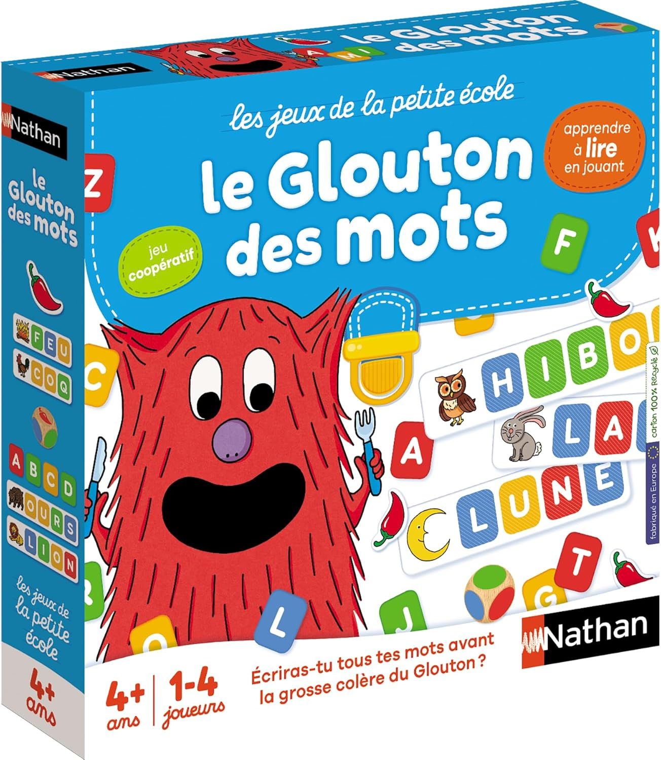 Nathan - Le Glouton des Mots, Jeux de Société Educatif pour Enfants 4 Ans, Apprendre à Lire et Ecrire, Reconnaitre Les Mots et Lettres, Apprentissage en s&#39;amusant, 27 Cartes-Mots, 152 Lettres