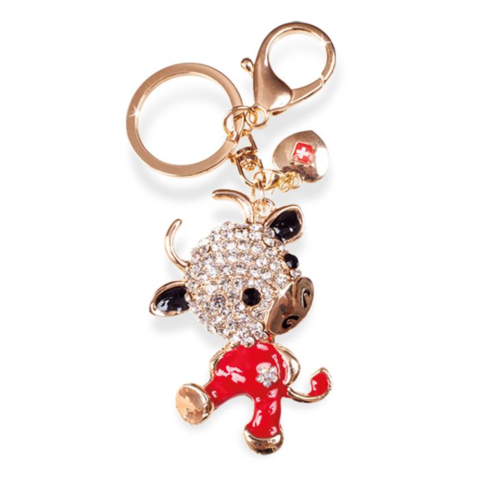 Porte-clés Suisse avec vache en strass, métal doré