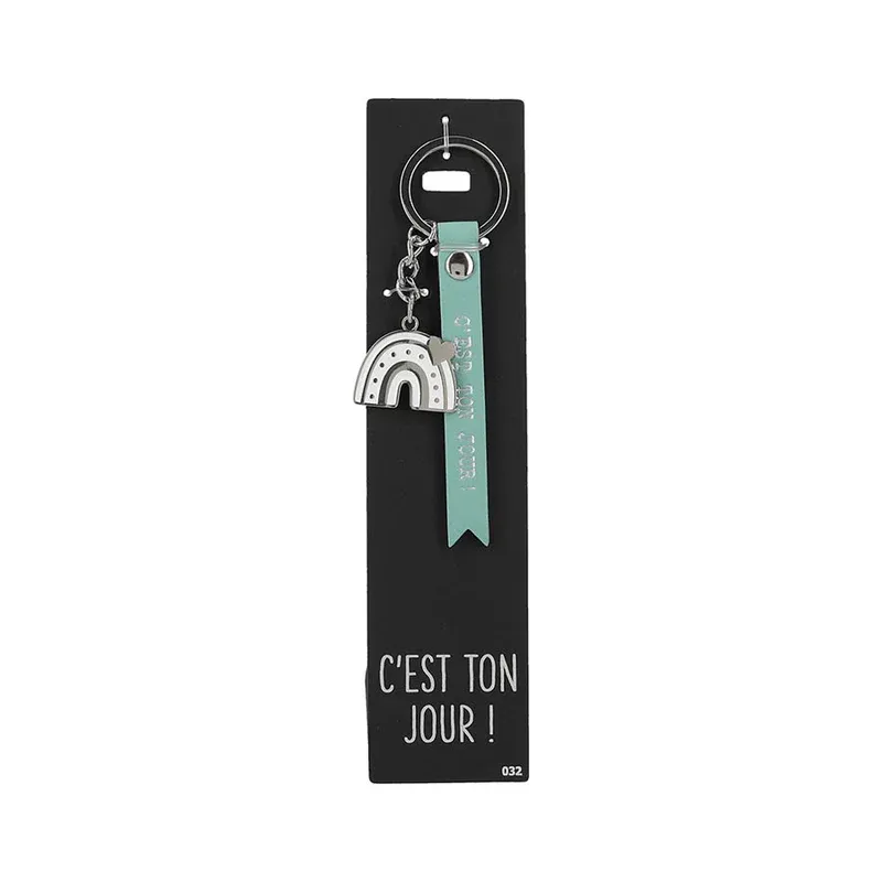 Porte-clés en cuir  &quot;C&#39;est ton jour&quot; avec un arc-en-ciel