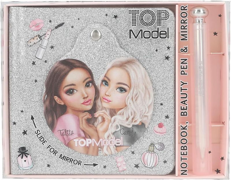 TOP Model Beauty-Carnet de Notes argenté Scintillant, avec Motif de Mannequin, y Compris Stylo à Bille, Pages lignées et Miroir, bloc-notes