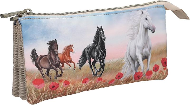 Miss Melody Poppy Sand - Sac à Crayons Beige, avec Motif de Chevaux (cheval) et de Coquelicots, Sac à Plumes avec 3 Compartiments intérieurs, trousse