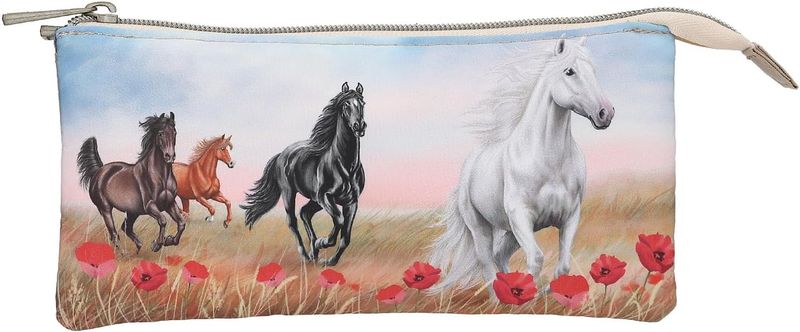 Miss Melody Poppy Sand - Sac à Crayons Beige, avec Motif de Chevaux (cheval) et de Coquelicots, Sac à Plumes avec 3 Compartiments intérieurs, trousse
