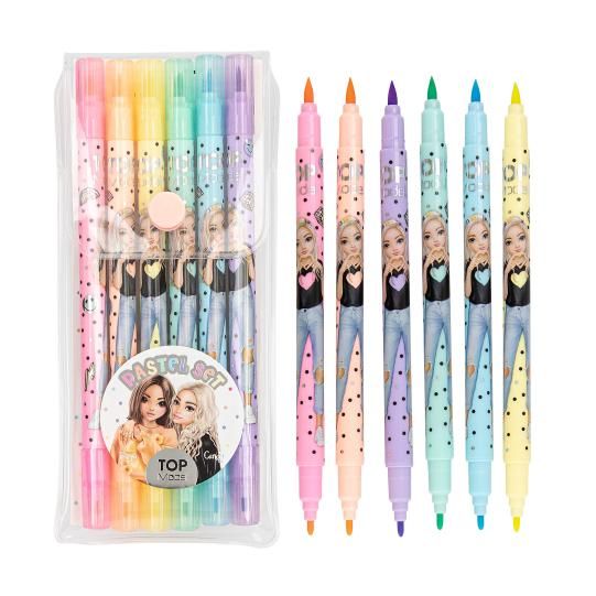 TOP Model - Set de stylos feutres  pour Enfants, avec 6 feutres aux Couleurs Pastel, Crayons à Double Fibre dans Une Trousse avec Pointe Pinceau et Pointe fineliner