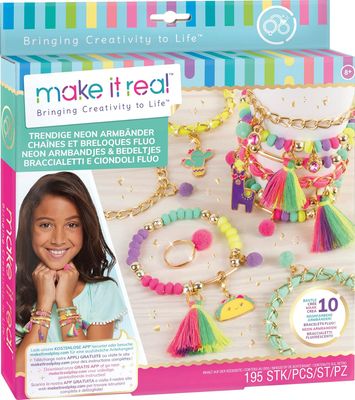 MAKE IT REAL - Kit Bracelets Chaines &amp; Breloques Fluo - Fabrication de Bijoux pour Enfants Dès 8 ans - Set pour 10 Bracelets Colorés avec Pompoms &amp; Breloques