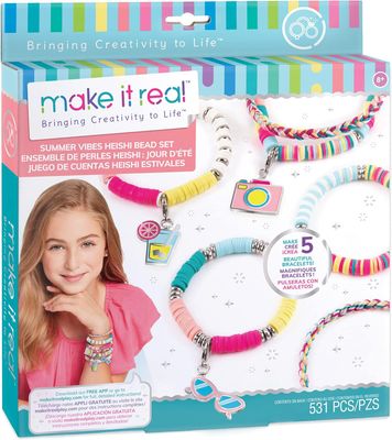 MAKE IT REAL - Kit Bijoux Heishi Jours d&#39;Été - Fabrication de Bijoux pour Enfants Dès 8 ans - Set pour 5 Bracelets Tendances et Colorés avec Perles Heishi