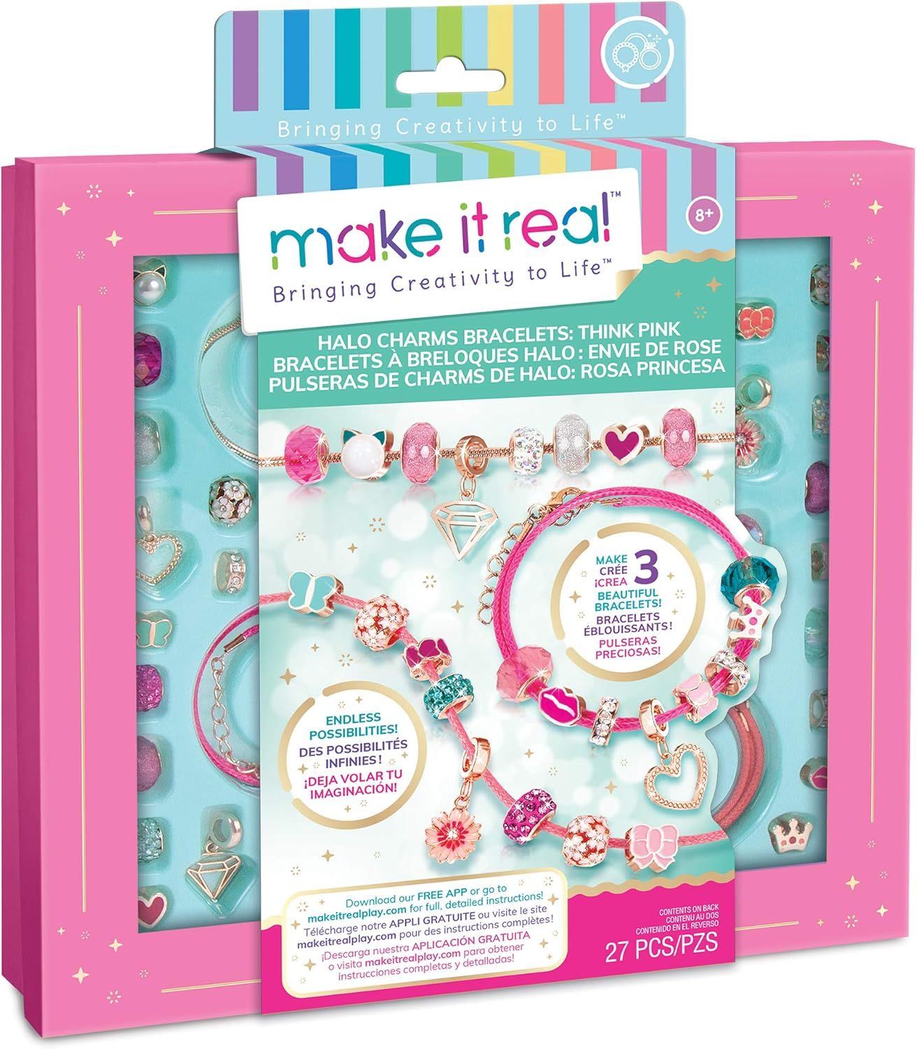 Make It Real Kit de fabrication de bracelet de l&#39;amitié à breloques et perles halo rose ! - Bijoux pour enfants