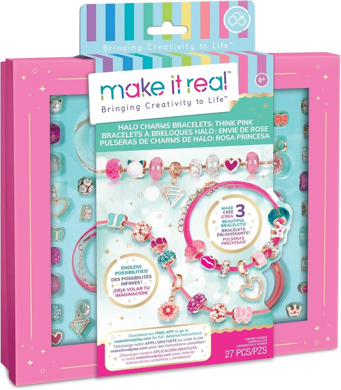 Make It Real Kit de fabrication de bracelet de l'amitié à breloques et perles halo rose ! - Bijoux pour enfants