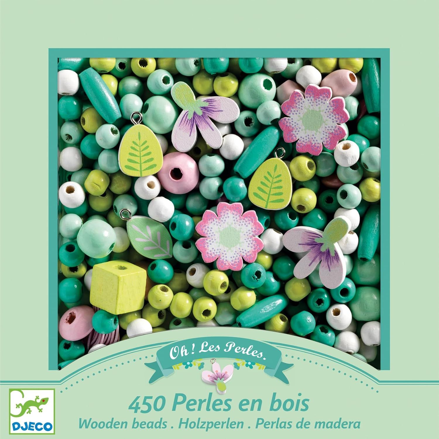 DJECO Coffret L&#39;Art du Fil - Perles en bois  et Bijoux - Enfants de 4 à 8 Ans - Créations de Colliers et Bracelets feuilles et fleurs