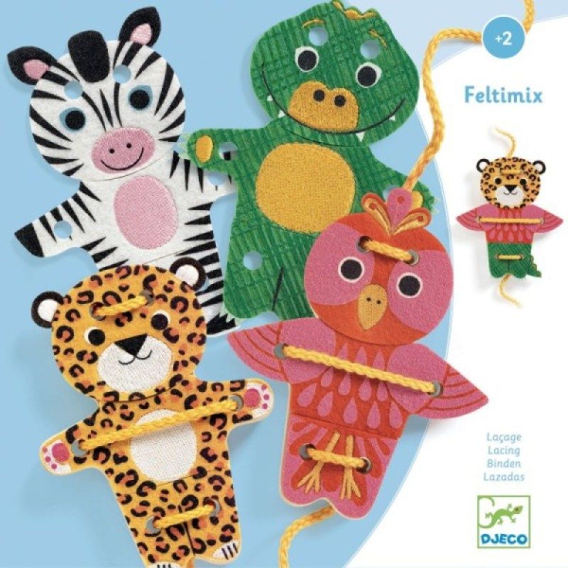 Feltimix Laçage Djeco, animaux en bois, crocodile, zèbre, léopard et perroquet  avec fil