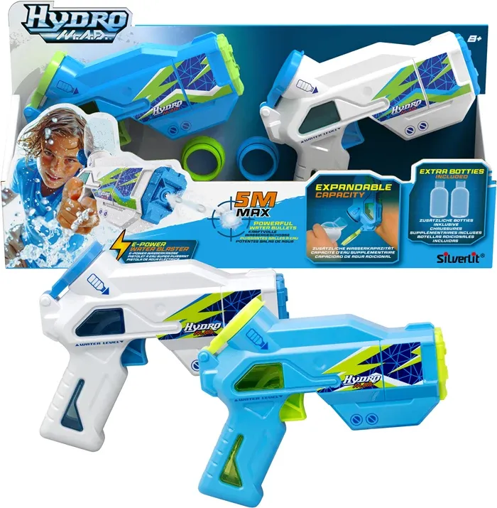 Hydro M.A.D Mini Twin, pistolets à eau Pack 2 foudroyeurs à eau électrique, 19 cm, batterie inclus, dès 8 ans