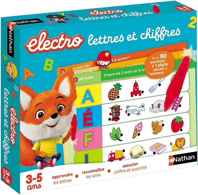 Nathan - Electro Lettres et Chiffres - Apprendre les Lettres, les Sons, Quantités - Jeu Educatif Electronique - 1 Stylo Sonore et Lumineux Inclus