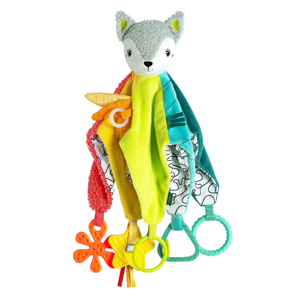 Peluche doudou renard avec activités et anneau de dentition