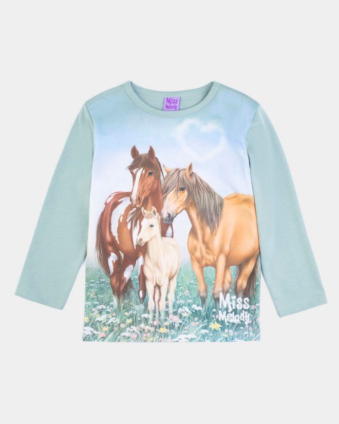 Pull coton vert Miss Melody cheval, avec coeur