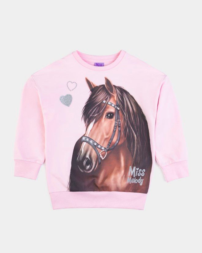 Pull coton rose avec cheval et coeur brillant Miss Melody