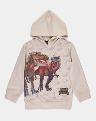 Pull coton couleur plâtre avec capuchon thème dinosaures