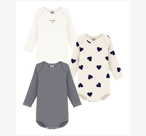 Petit Bateau Lot de 3 bodys manches longues, imprimé coeur,  je t&#39;aime et un milleraies