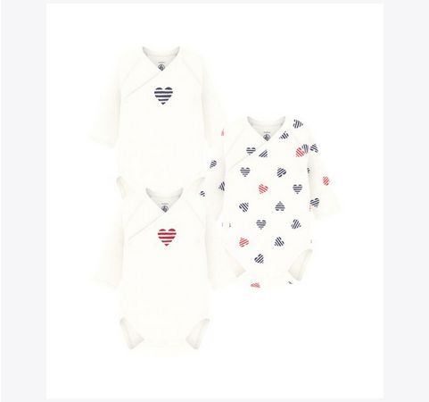 Petit Bateau Lot de 3 bodys manches longues, imprimé coeur rayé et deux unis