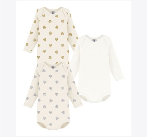 Petit Bateau Lot de 3 bodys manches longues, uni et imprimé coeurs pailletés or et argent