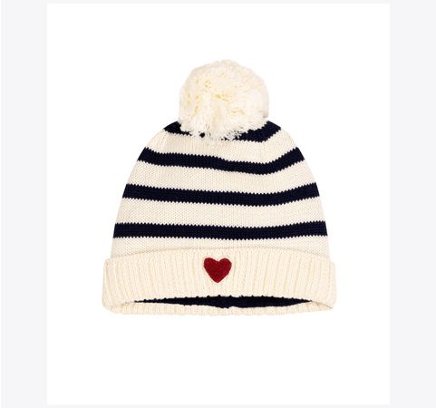 Petit Bateau Bonnet rayé en tricot coton doublé polaire avec coeur