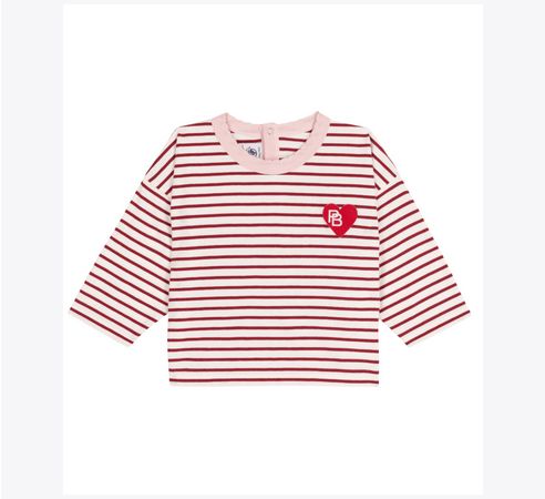 Petit Bateau Pull ml rayé cerise avec coeur sur la poitrine