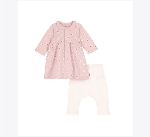Petit Bateau Ensemble Robe ml en coton, rose imprimé fleurs et coeurs avec legging