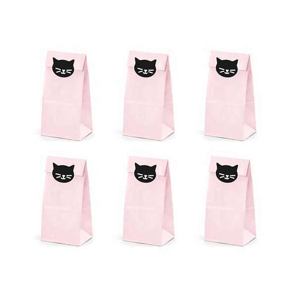 6 Sachets pour les fêtes d&#39;anniversaire, thème chat rose 8x18x6cm - en papier, à remplir de bonbons et de jouets