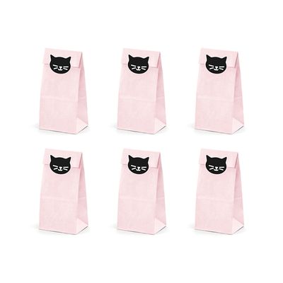 6 Sachets pour les fêtes d&#39;anniversaire, thème chat rose 8x18x6cm - en papier, à remplir de bonbons et de jouets