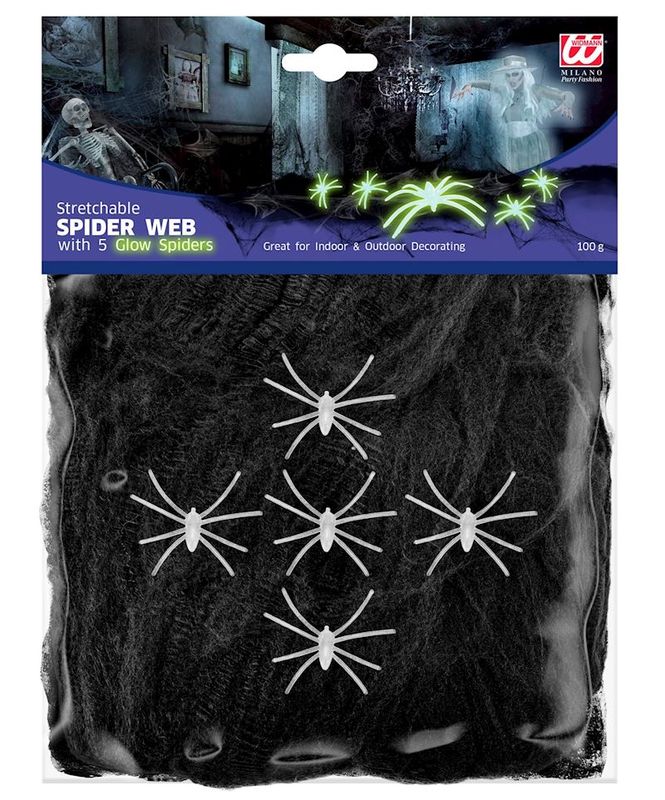 Toile d'araignée noire avec araignées fluo. pour Halloween