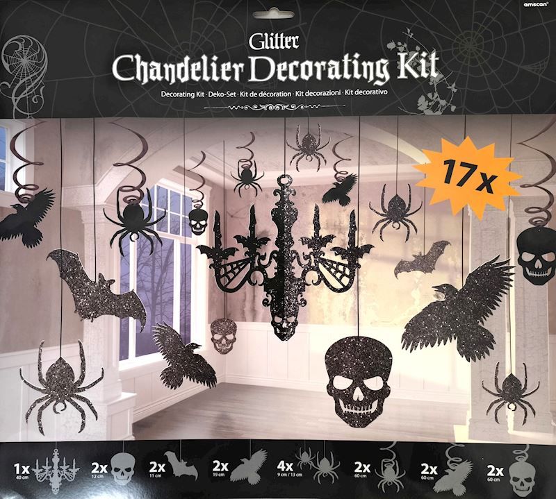 Set de décoration lustre scintillant, papier, tête de mort, chauve-souris, corbeau et araignée. pour Halloween, carnaval et anniversaire