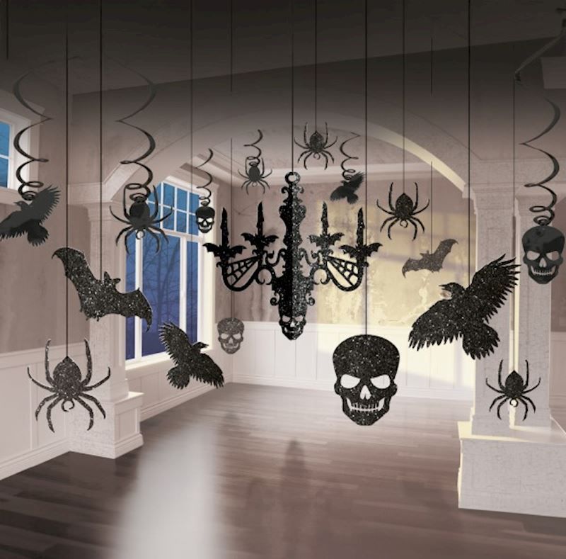 Set de décoration lustre scintillant, papier, tête de mort, chauve-souris, corbeau et araignée. pour Halloween, carnaval et anniversaire